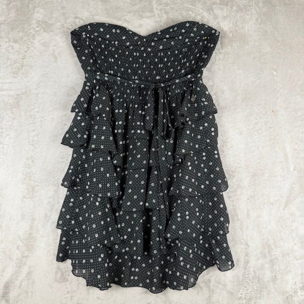 Volcom Strapless Ruffle Mini Dress Black White Polka Dot Smocked Back Large‎ L/G
